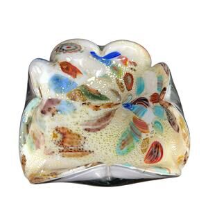 Murano AVEM Glass Leaf Bowl w Gold Silver Inclusions MCM Italian Art Glass Dish